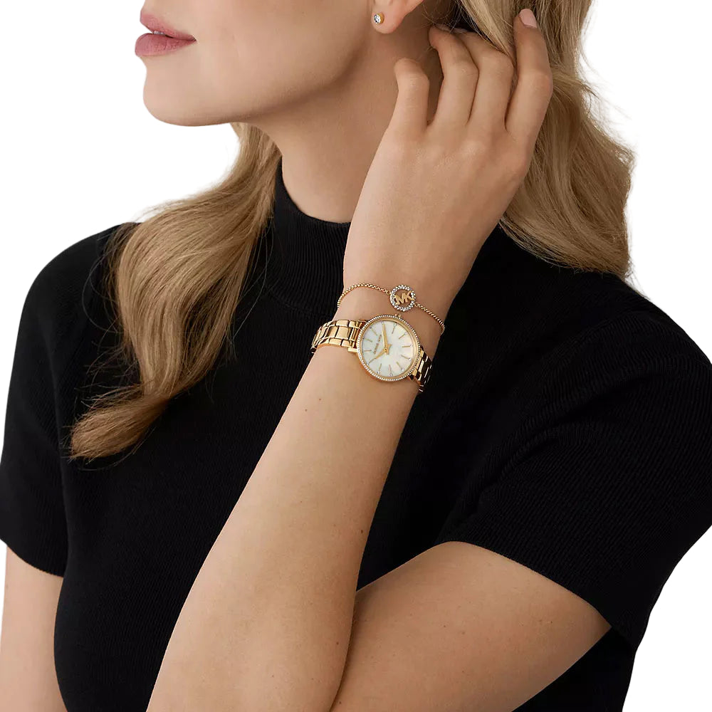 Michael Kors Pyper Two Hand Gold Tone Stainless Steel Women Watch and Earrings and Necklace Set MK1065SET