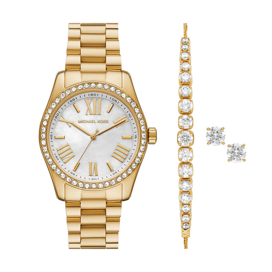 MICHAEL KORS LEXINGTON THREE-HAND GOLD-TONE STAINLESS STEEL WATCH AND JEWELRY GIFT SET - MK1079SET
