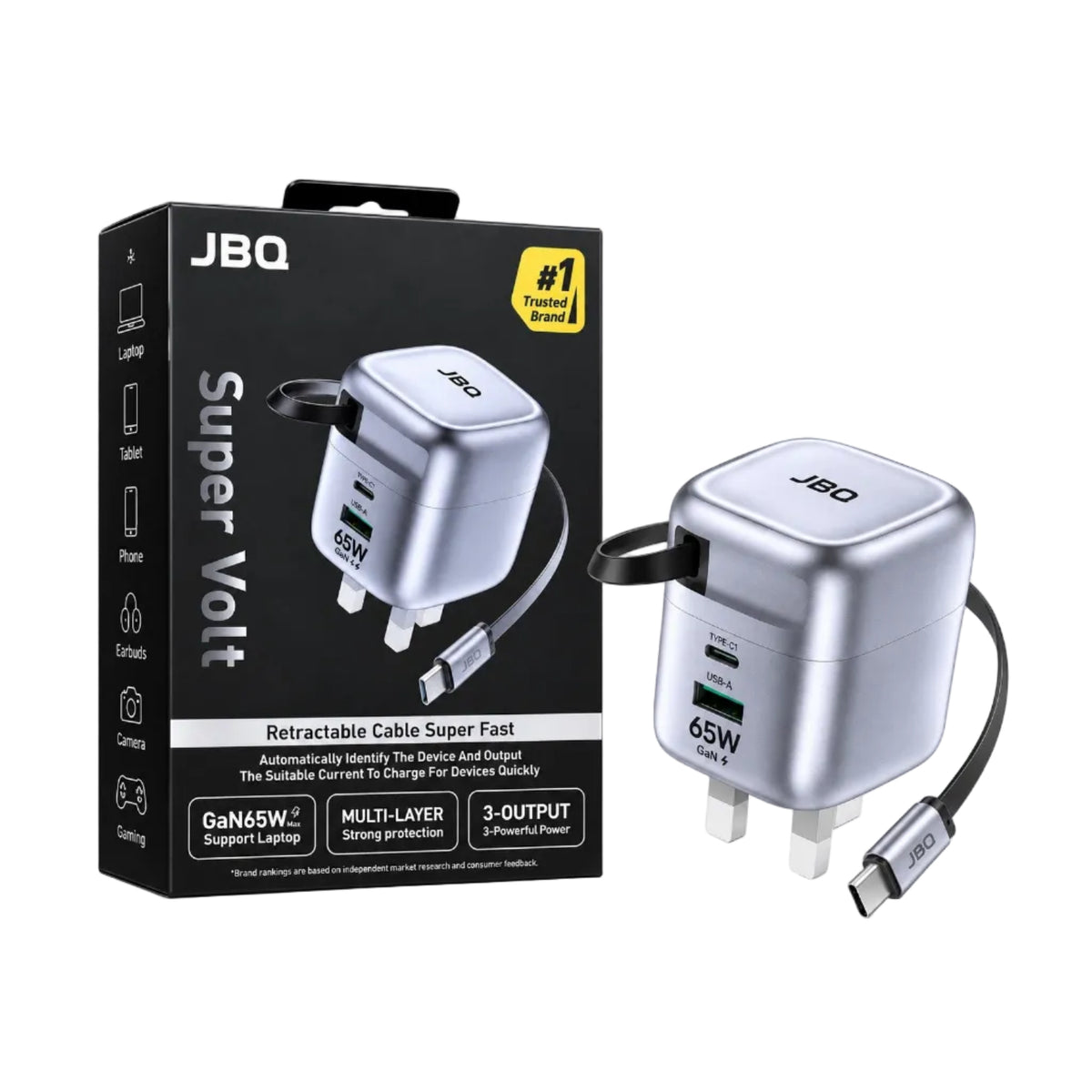 JBQ Super Volt 65W GaN Fast Charger with Retractable USB C Cable