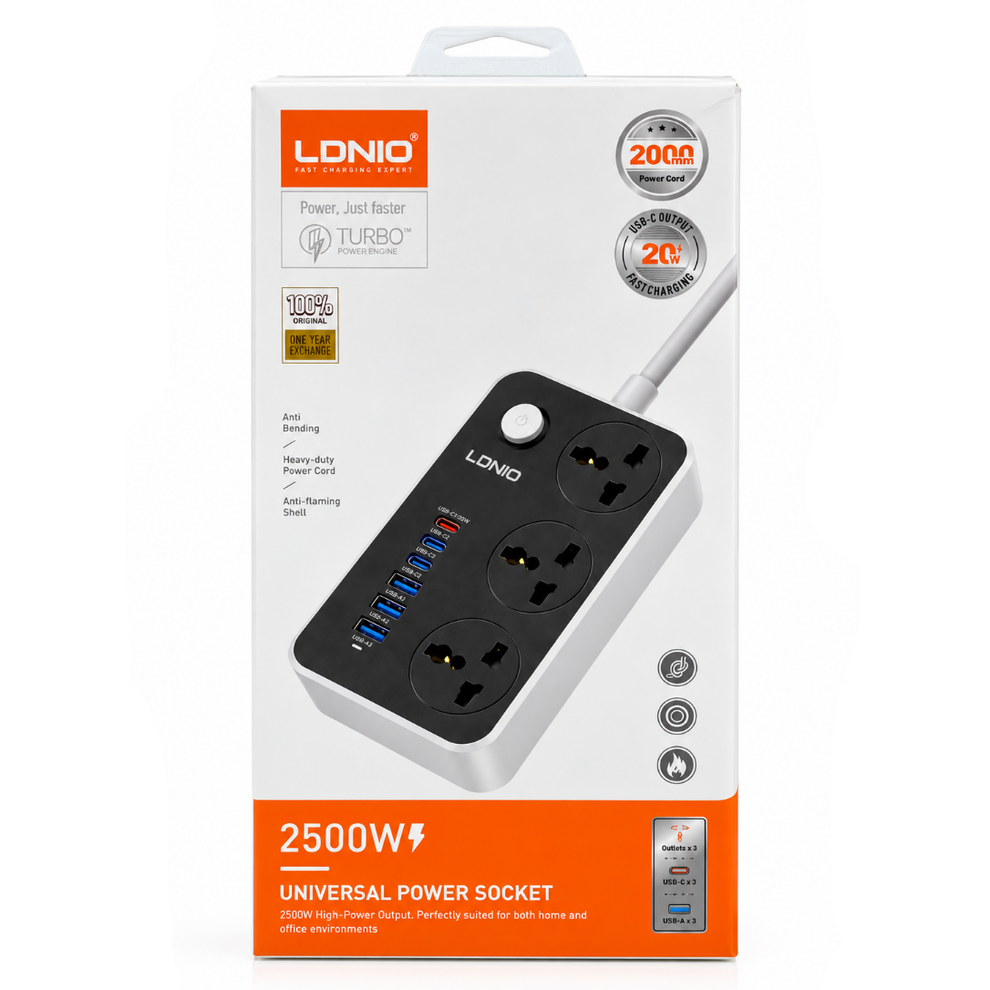 LDNIO 2500W Universal Power Socket Extension with USB Fast Charging