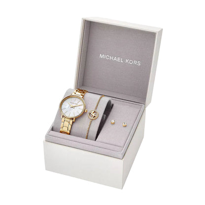 Michael Kors Pyper Two Hand Gold Tone Stainless Steel Women Watch and Earrings and Necklace Set MK1065SET