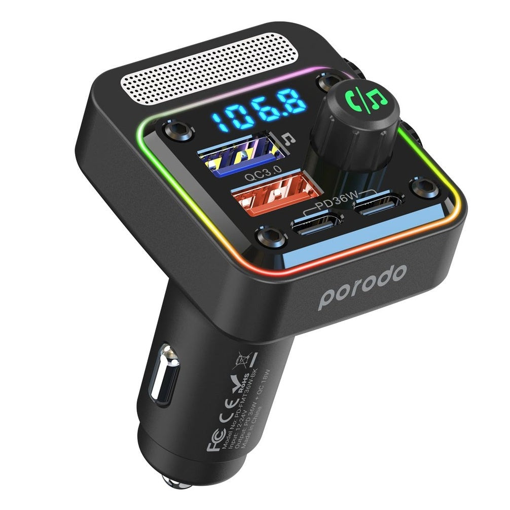 Porodo Quick Charge FM Car Charger Dual USB C & USB A PD 36W