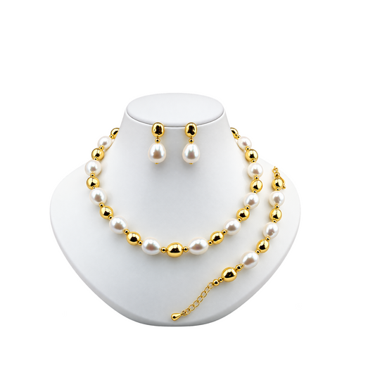Viennois WomensGolden Pearl Elegance Necklace Bracelet and Earrings Set