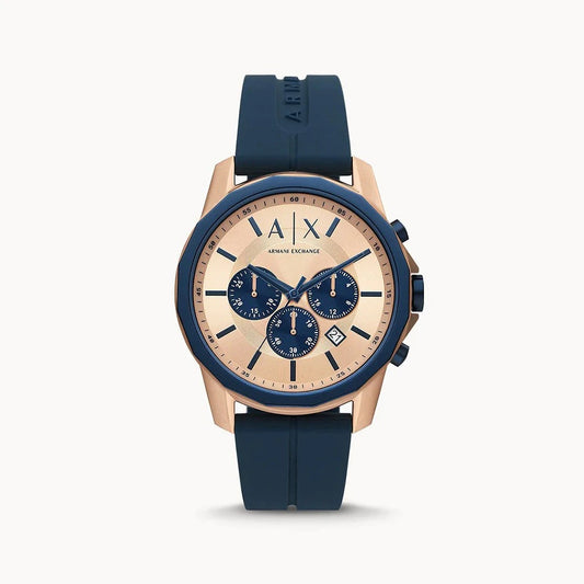 ARMANI EXCHANGE MEN'S CHRONOGRAPH BLUE SILICONE ROSE GOLD DIAL WATCH AX1730
