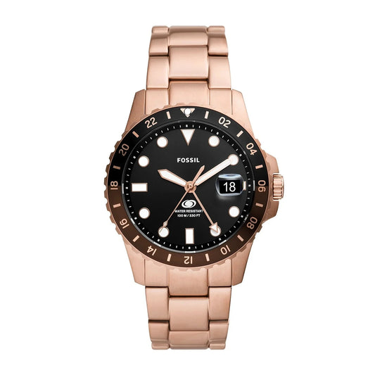 FOSSIL BLUE GMT ROSE GOLD-TONE STAINLESS STEEL WATCH - FS6027