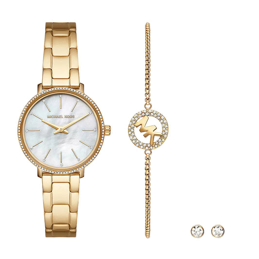 Michael Kors Pyper Two Hand Gold Tone Stainless Steel Women Watch and Earrings and Necklace Set MK1065SET